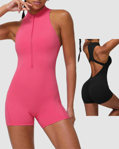Woman Solid Color Zipper Yoga Sport Fitness Romper S-XL