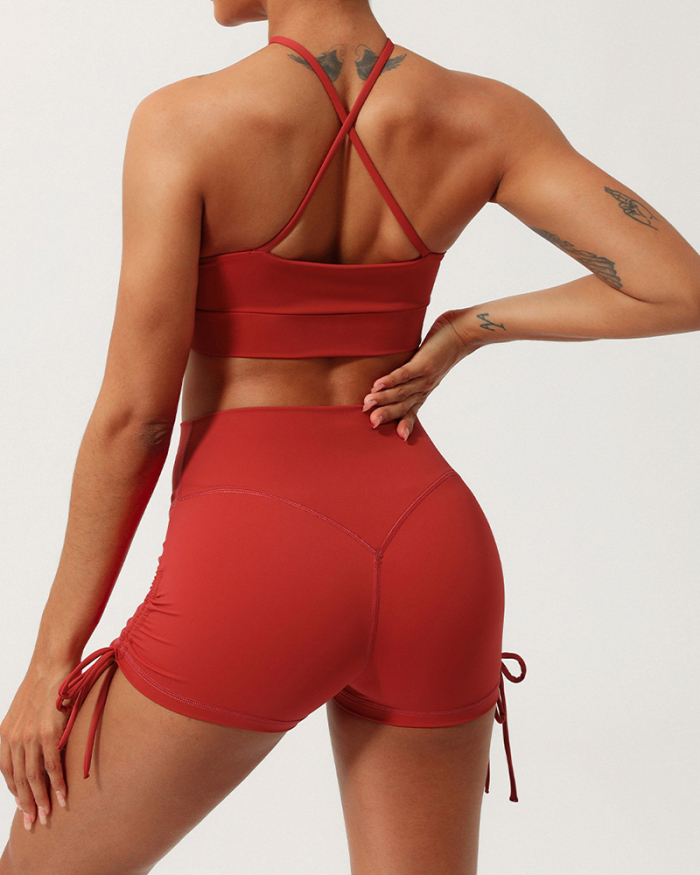 Women Quick Dry Halter Neck Criss Cross Drawstring Shorts Sets Yoga Two Pieces Sets S-XL