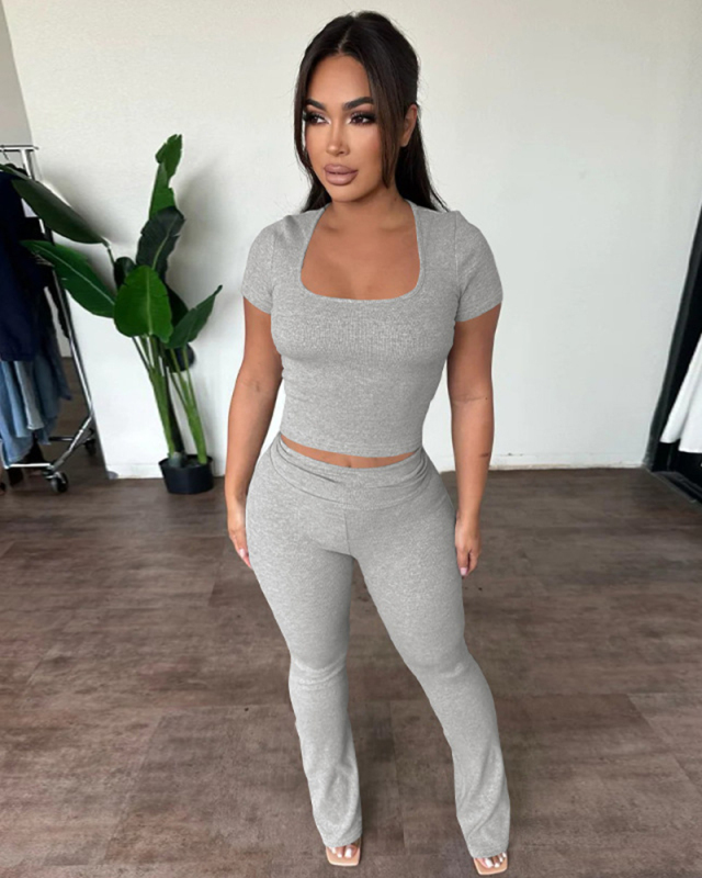 Solid Color Short Sleeve Summer Two Piece Pant Set S-L