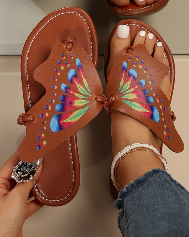 Colorblock Butterfly Print Toe Post Slippers