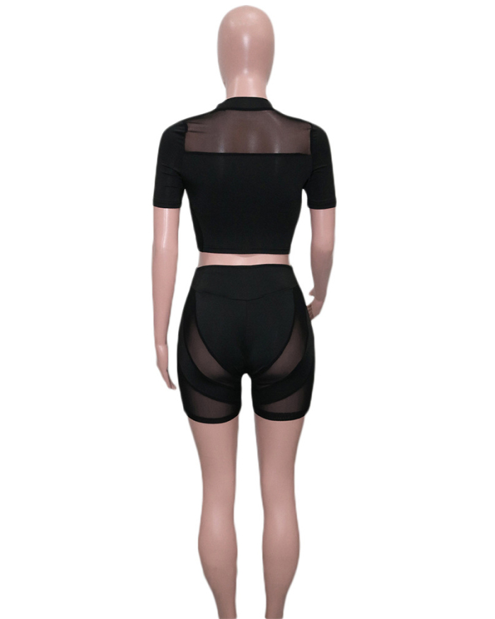 Sexy Hollow O-Neck Short Sleeve Shorts Met Set S-XL