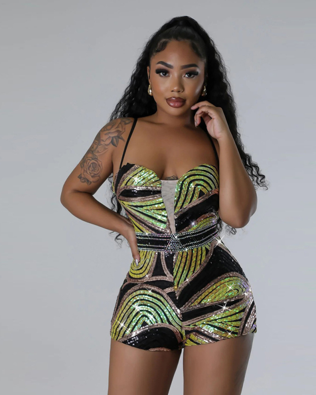 Green Sleeveless Sequin Women Jumpsuit S-XXL