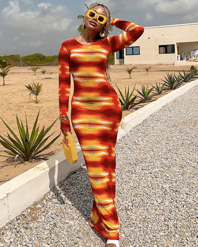 Striped Colorblock Long Sleeve Crew Neck Printed Maxi Dress S-L