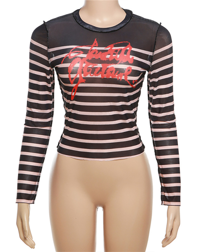 Fashion Woman Long Sleeve Striped Mesh Colorblock T-shirt Black S-L