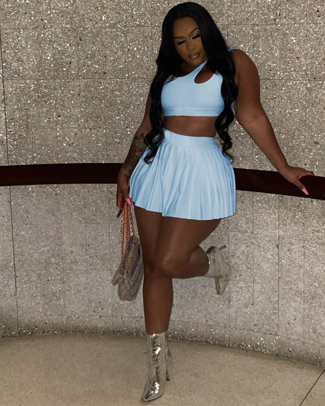 Women Casual Slash Neck High Waist Skirts Sets Two Pieces Outfit White Pink Red Black Blue S-3XL