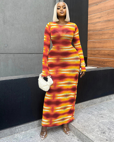 Striped Colorblock Long Sleeve Crew Neck Printed Maxi Dress S-L