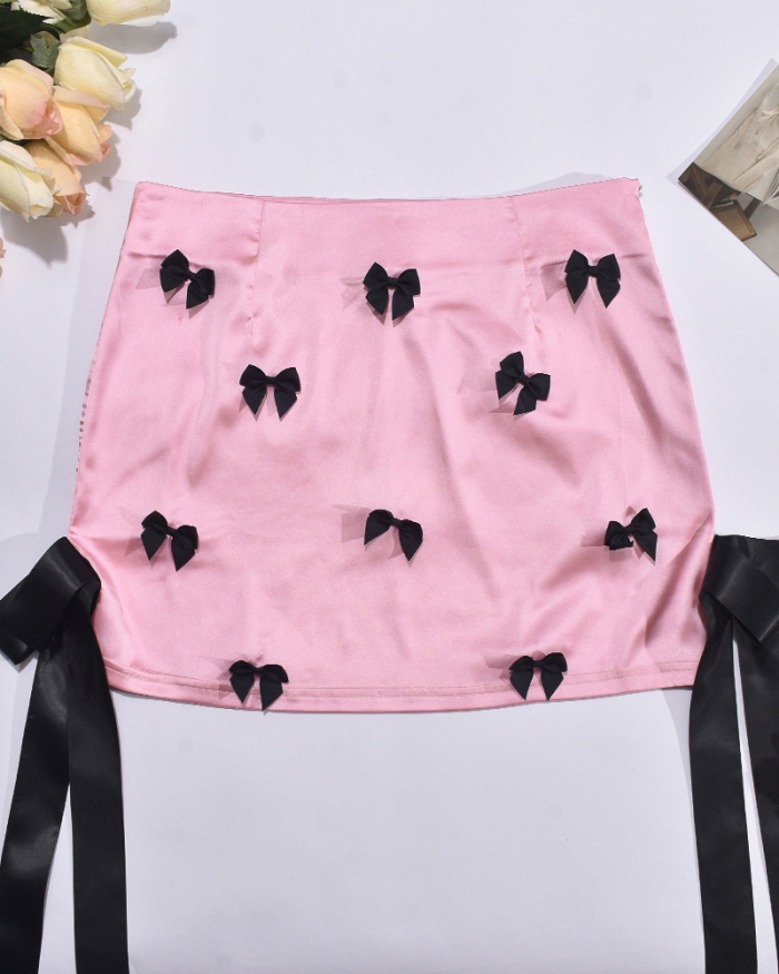 Summer Women Colorblock Black Bow Knot Sexy Cute Skirts Pink S-L