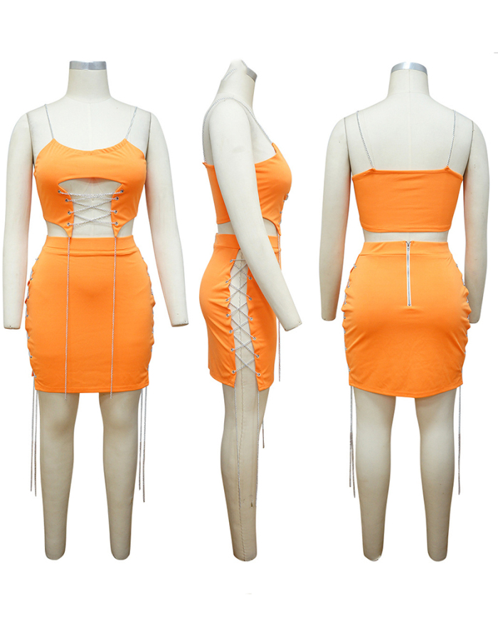 Drawstring Women Hollow Out Mini Two Pieces Outfit Skirt Sets Orange Green White S-2XL