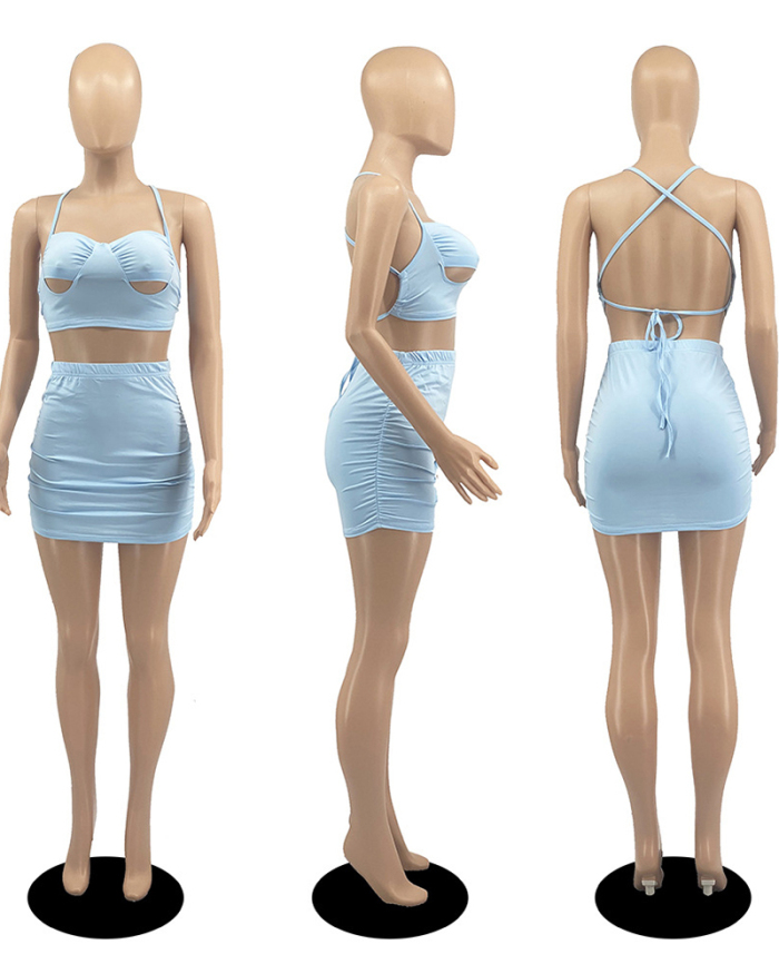 Women Sexy Backless Sling Sexy Mini Skirt Sets Two Pieces Outfit White Blue S-2XL
