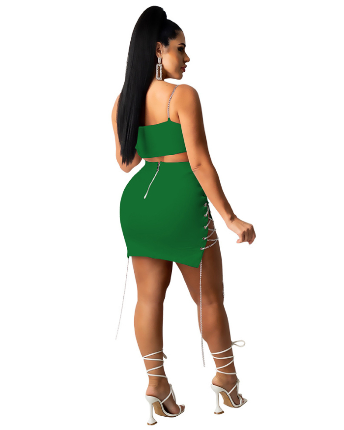 Drawstring Women Hollow Out Mini Two Pieces Outfit Skirt Sets Orange Green White S-2XL