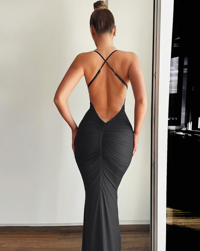 Open Back Black Women Long Dress S-L