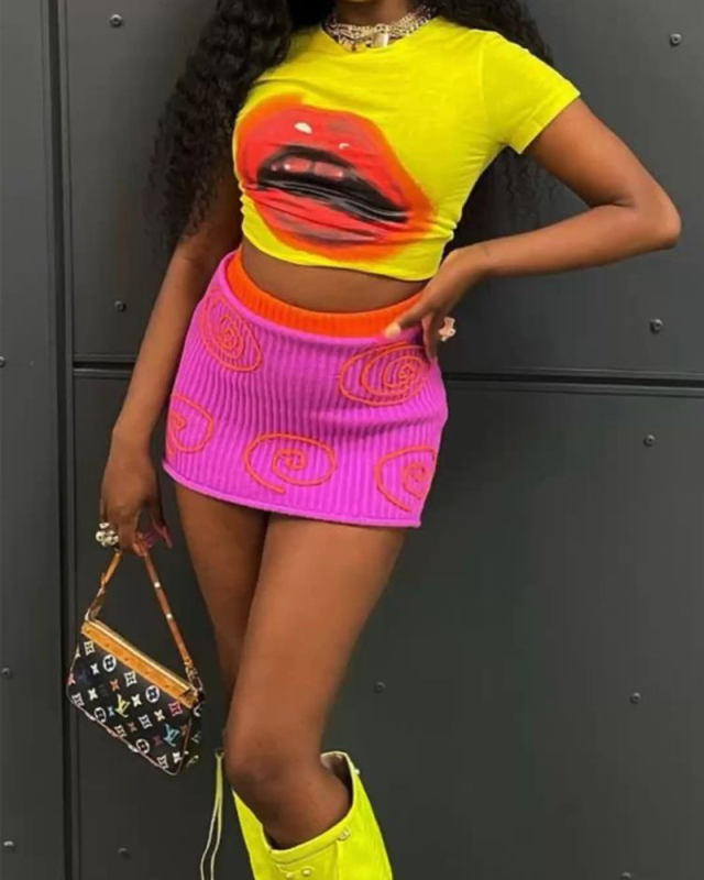 Women Printed Cute Sexy Girl Two Piece Skirt Set S-XL