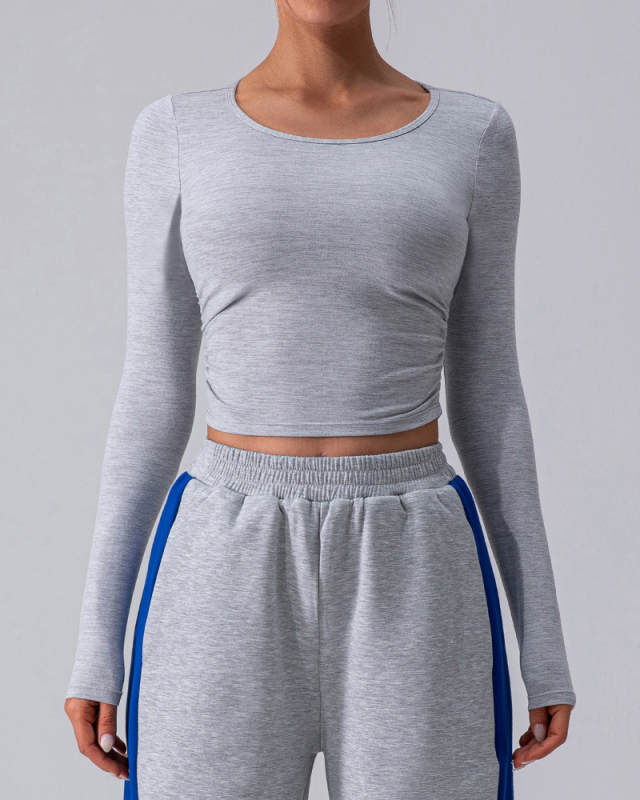 Woman Long Sleeve Solid Color Crew Neck Running Breathable T-shirt Blue Gray White S-XL