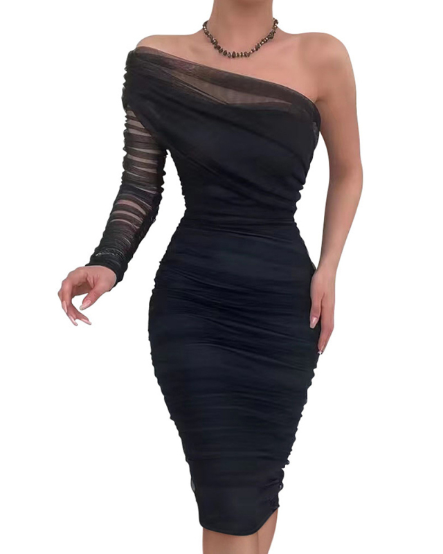 Single Shoulder Mesh Women Dress S-XL