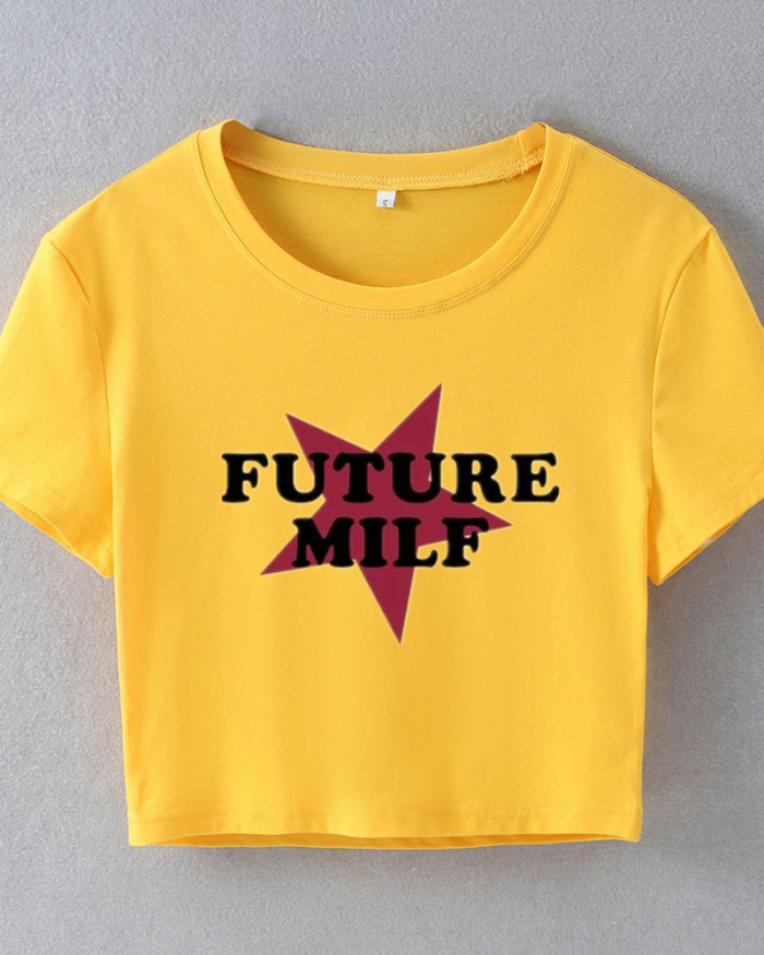 Street style INS trendy five-pointed star FUTURE MILF short slim fit short-sleeved T-shirt