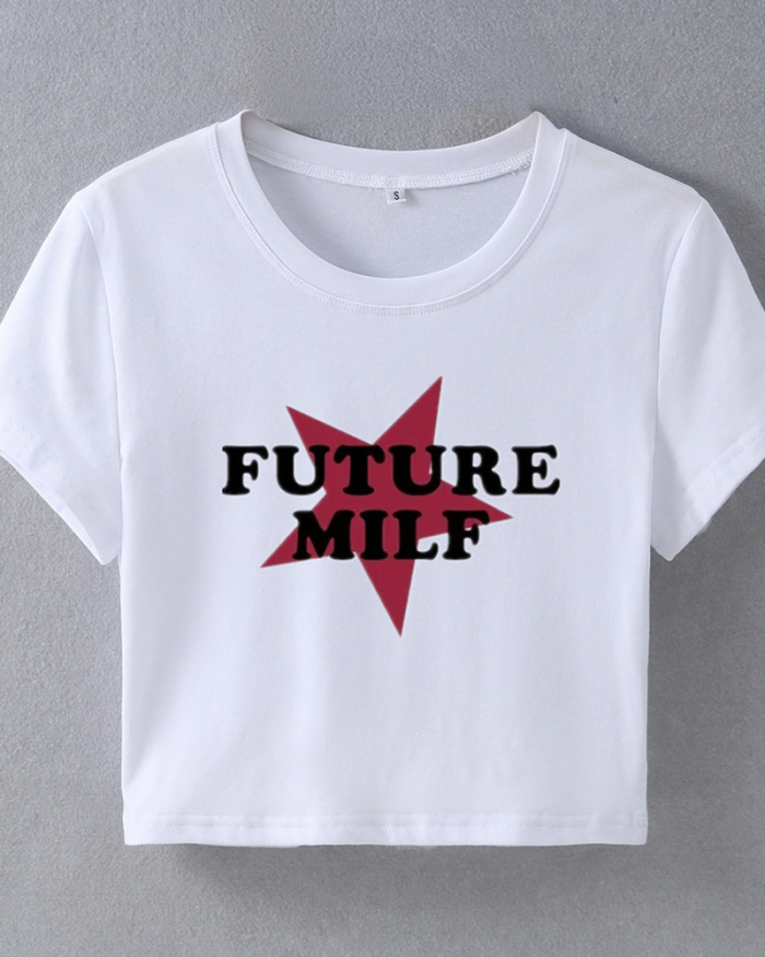 Street style INS trendy five-pointed star FUTURE MILF short slim fit short-sleeved T-shirt