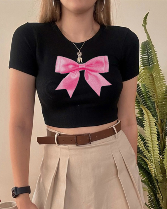 Street style INS Internet celebrity trendy bow short slim-fitting short-sleeved T-shirt spring and summer