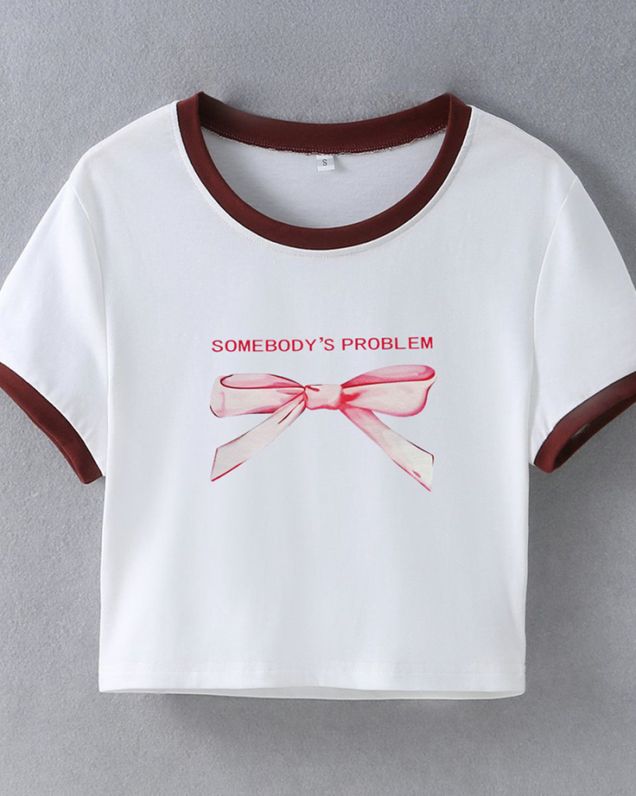 Street style INS trendy bow print short slim-fitting short-sleeved T-shirt spring and summer