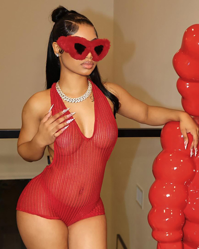 Backless Red Sexy See Through Jumpsuit S-L