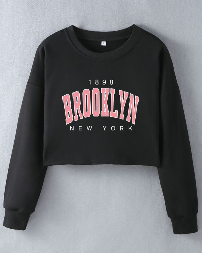 Street style INS Internet celebrity trendy Brooklyn printed short long-sleeved sweatshirt spring