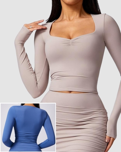 Woman Long Sleeve Ruched Nude Feeling Yoga T-shirt S-XL