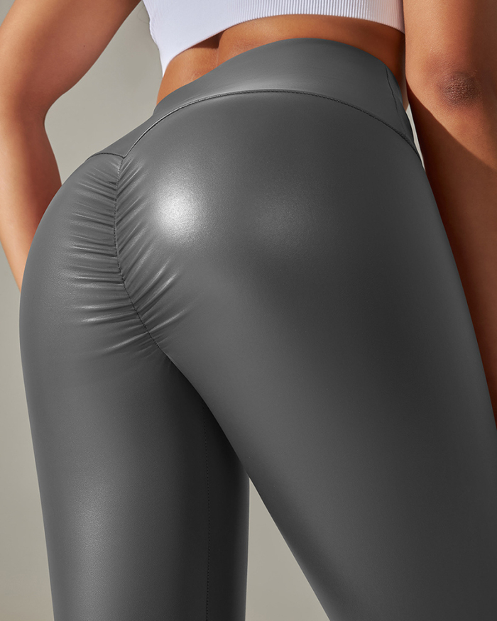 Women Hot Sale Wholesale Bulk Order PU Ruched Hips Lift Workout Pants XS-2XL