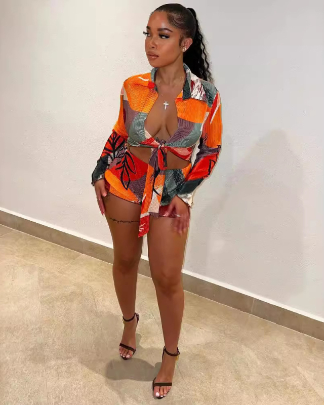 Long Sleeve Floral Printed Women Two Piece Short Set XS-XL