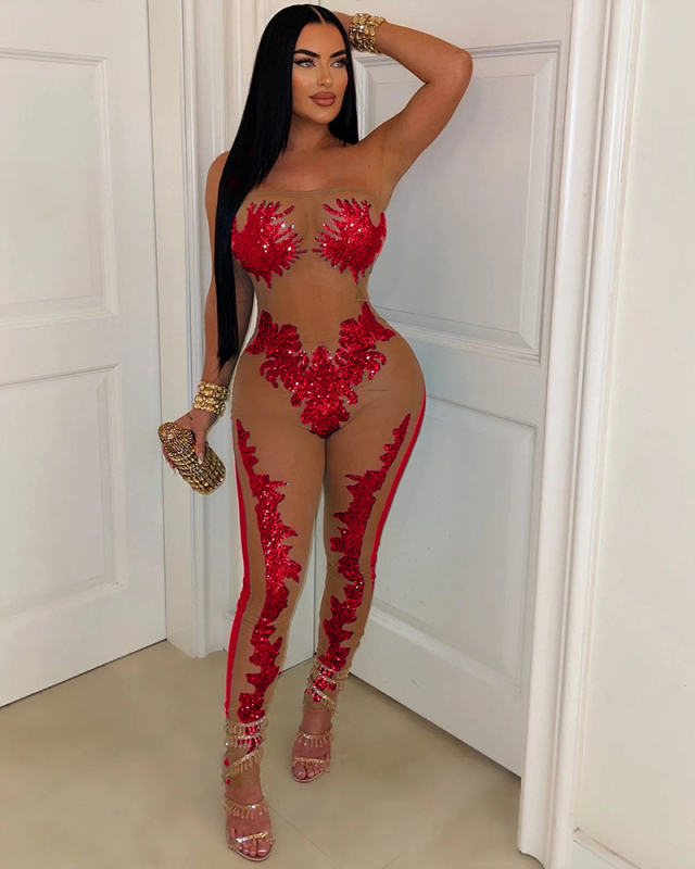 Sequin Mesh Women Party Strapless Jumpsuit S-XXL