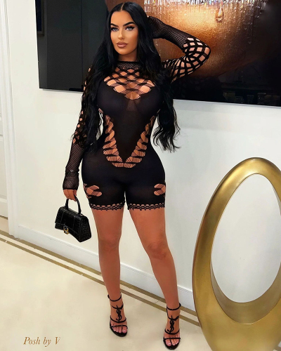 Long Sleeve Black See Through Wholesale Jumpsuit one size