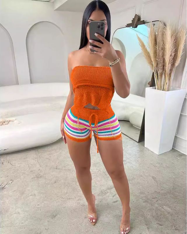 Women Summer Knit Sleeveless Fashion Backless Two Piece Sets Blue Yellow Orange S-2XL