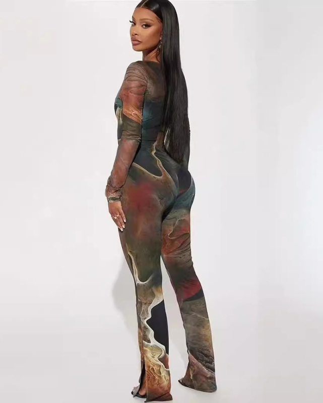 Square Neck Women Long Sleeve Printed Jumpsuit S-2XL