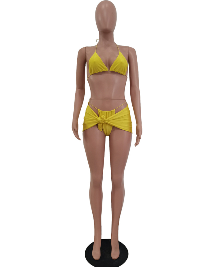 Woman Halter Neck Sexy Bikini Summer Three-piece Swimsuit White Pink Yellow Green S-2XL