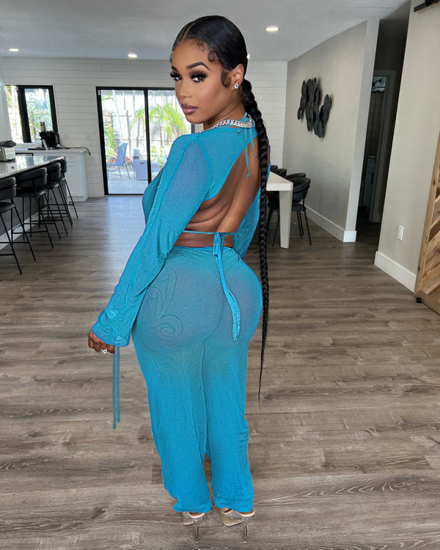 3pcs Set Long Sleeve Mesh See Through Pant Set S-XXL