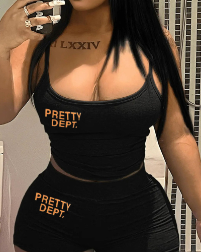 New Black Letter Printed Cute Two Piece Short Set XS-3XL