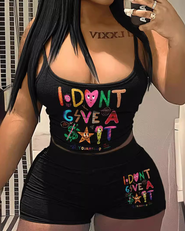 Cute Black Letter Printed Two Piece Short Set XS-3XL