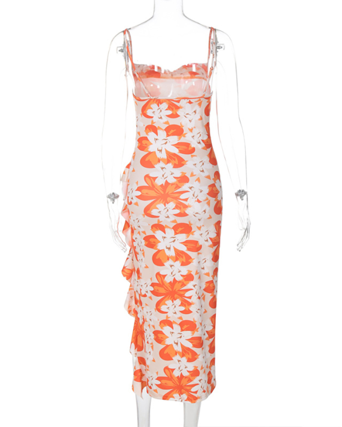Summer Women Sling Florals High Slit Ruffles One-piece Dress Orange S-L