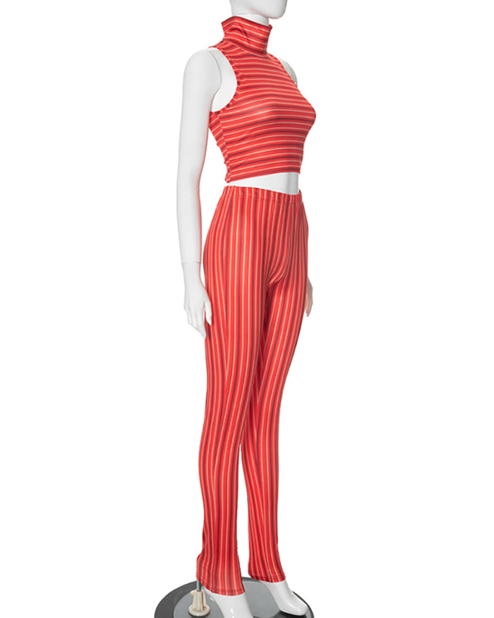 Summer High Neck Sleeveless Striped Two-piece Sets Red S-L
