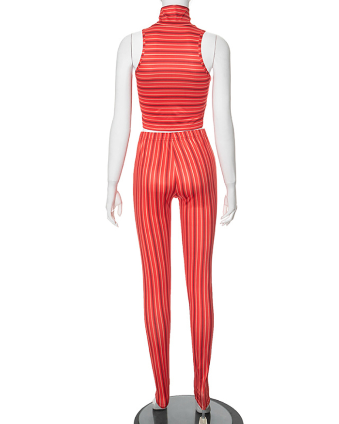 Summer High Neck Sleeveless Striped Two-piece Sets Red S-L