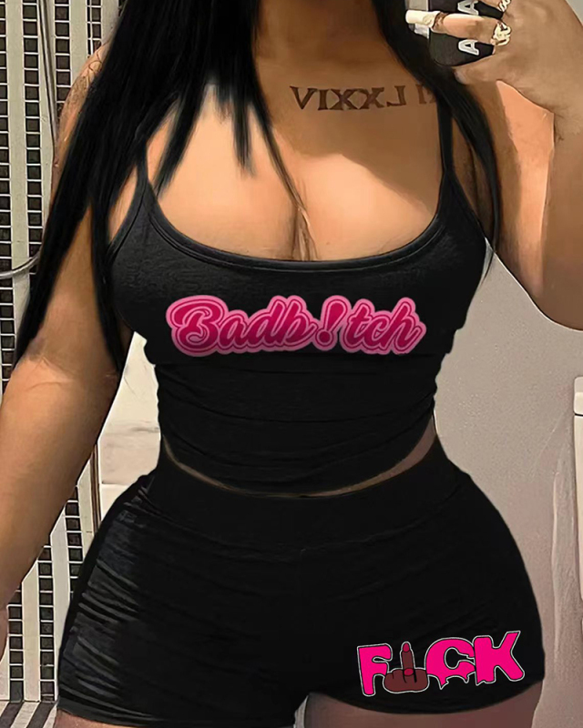 Black Letter Printed Cute Two Piece Short Set XS-XL