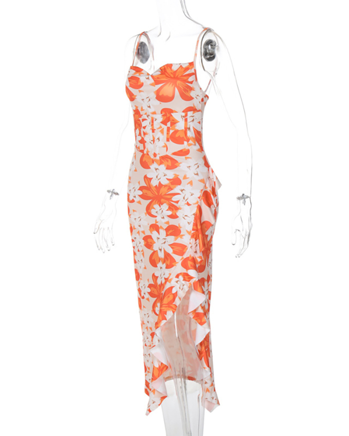 Summer Women Sling Florals High Slit Ruffles One-piece Dress Orange S-L
