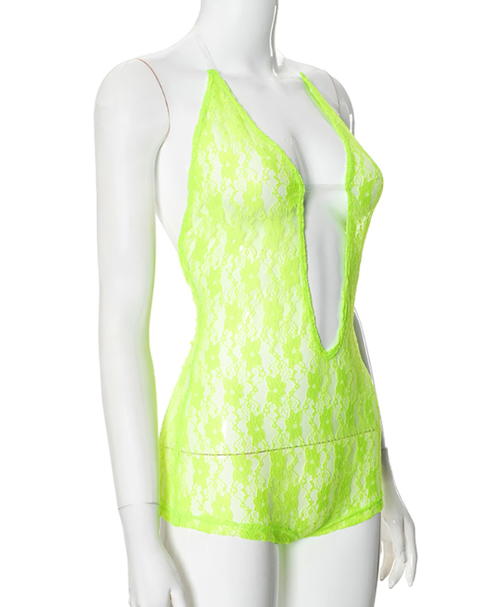 Summer New Sexy Hollow Out Lace Deep V Neck Romper Green S-L