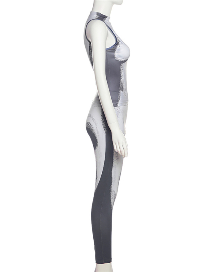 Women 3D Body Printed Sexy Sleeveless Jumpsuit Gray S-L