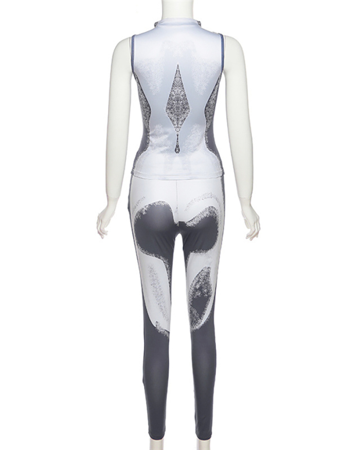 Women 3D Body Printed Sexy Sleeveless Jumpsuit Gray S-L