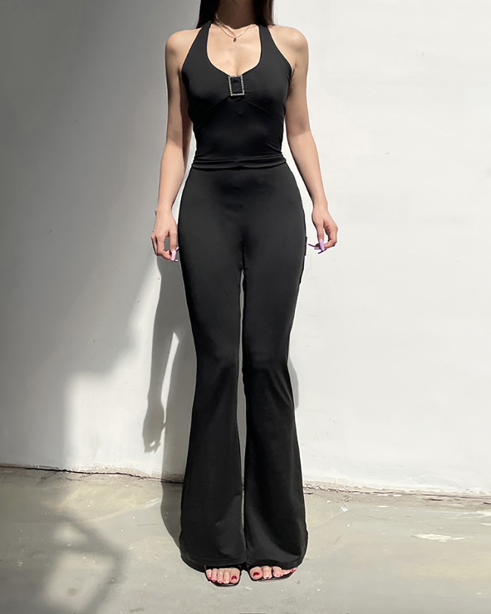 Ready To Ship Sleeveless V Neck Hollow Out Back Sexy Women Jumpsuits Black S-L