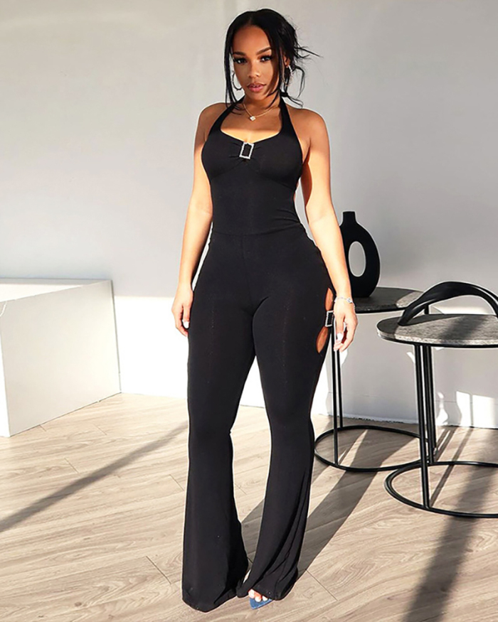 Ready To Ship Sleeveless V Neck Hollow Out Back Sexy Women Jumpsuits Black S-L