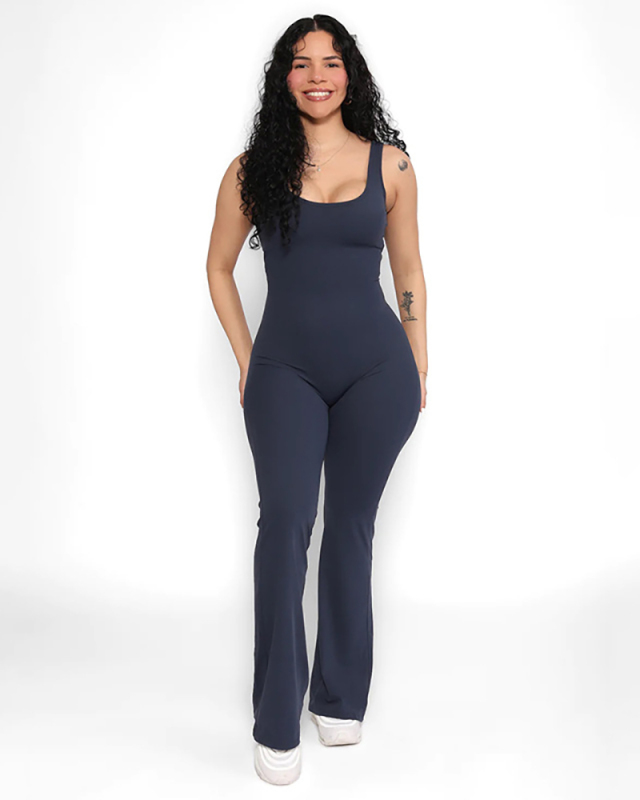 Hot Sale Solid Color U Neck Backless Women Wide Leg Jumpsuits Brown Gray Navy Blue Black S-L