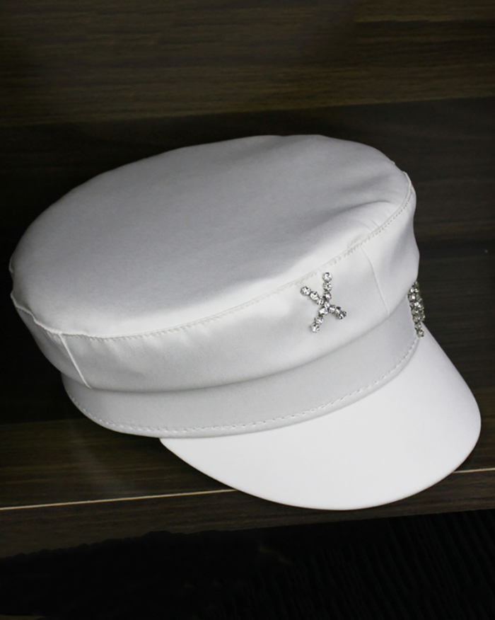 Women Rhinestone Fashion Satin Navy Hat