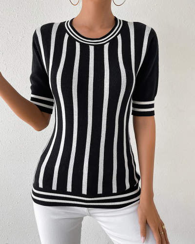 Women'S Striped Short-Sleeved Fashion Tops Casual Pullover Women'S Sweaters