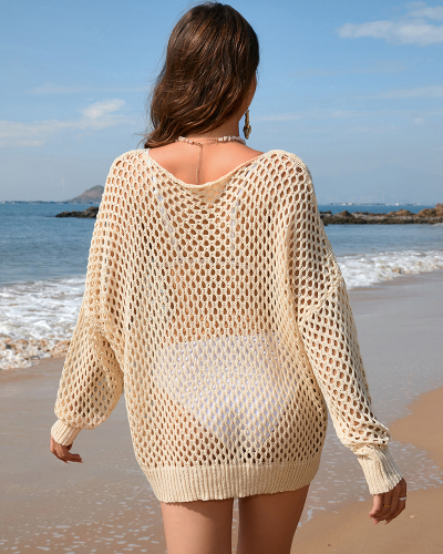 Summer Knitted Sweater Solid Color Loose Round Neck Hollow Bikini Beach Cover-Up