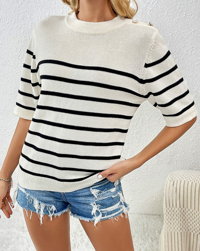 Buttoned Pullover Striped Fashionable Round Neck Short-Sleeved Women'S Sweater